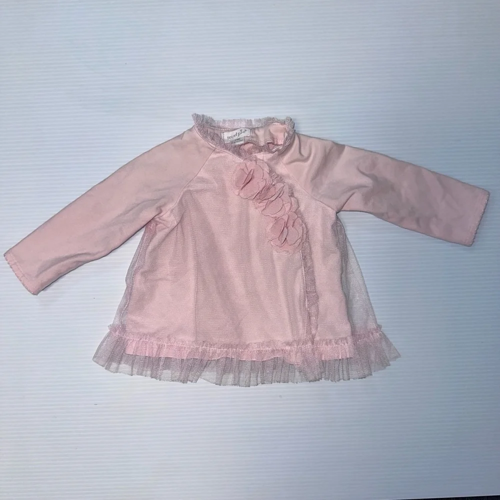 Girl Mud Pie Blouse 3-6M Pink ruffle baby flowers fancy tulle embellishment